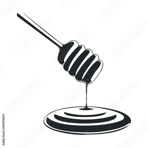 Monochrome honey dipper illustration with flowing honey