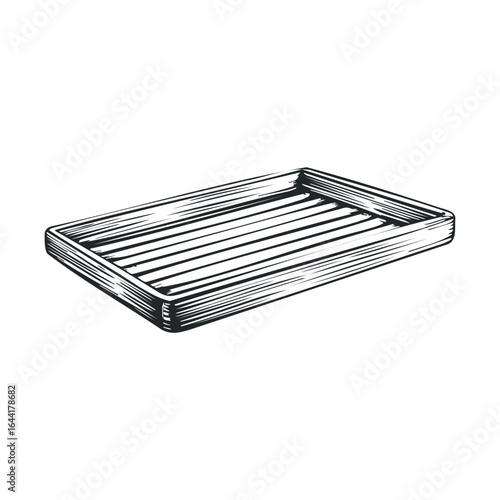 Rectangular wooden slatted tray illustration with black and white lines