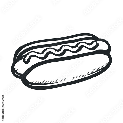 Black and white hot dog illustration with mustard topping