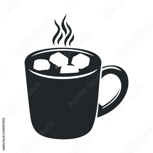 Steaming mug with marshmallows icon: cozy beverage symbol in black and white