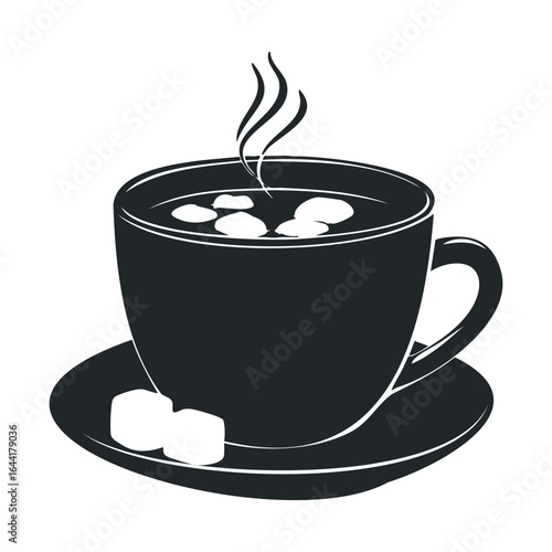 Monochrome illustration of a hot beverage in a cup and saucer with sugar cubes