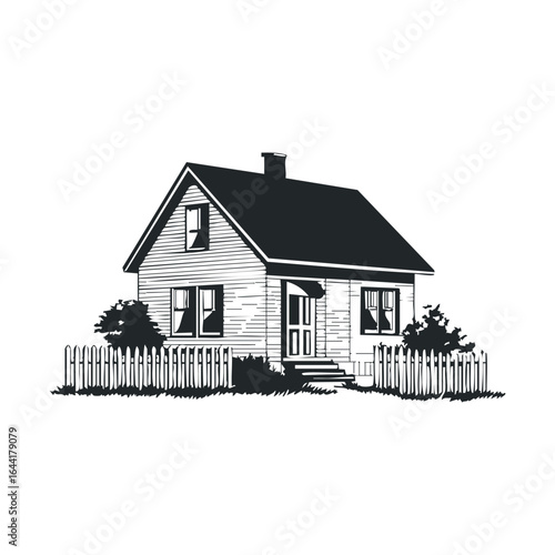 Charming black and white illustration of a cozy house with fence