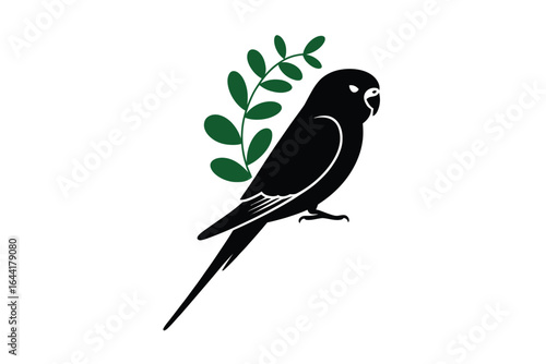 Black silhouette of a budgerigar bird with green leaves on white animal