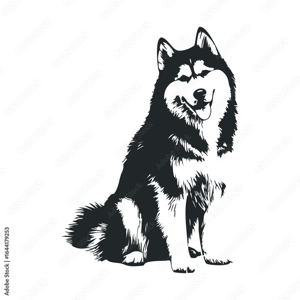 Naklejka premium Black and white illustration of a sitting siberian husky dog