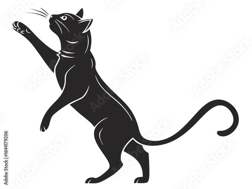 Black silhouette of a cat standing on hind legs reaching up with one paw