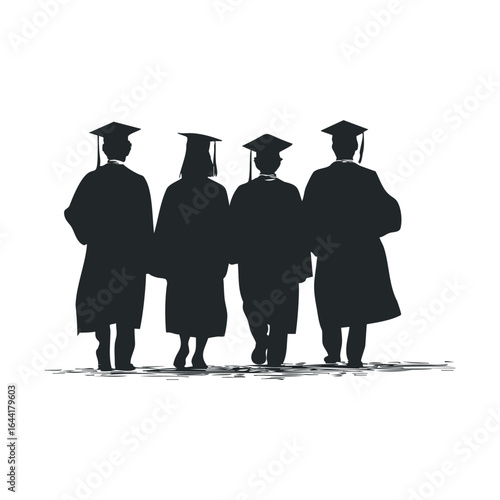 Silhouette of graduates: four diverse young adults celebrating in caps and gowns
