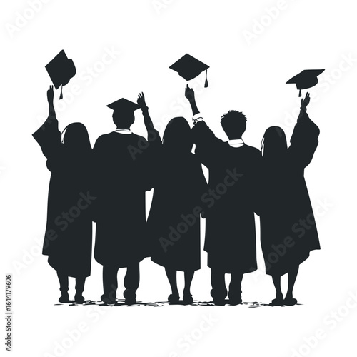 Silhouette of diverse young adults celebrating graduation with caps raised