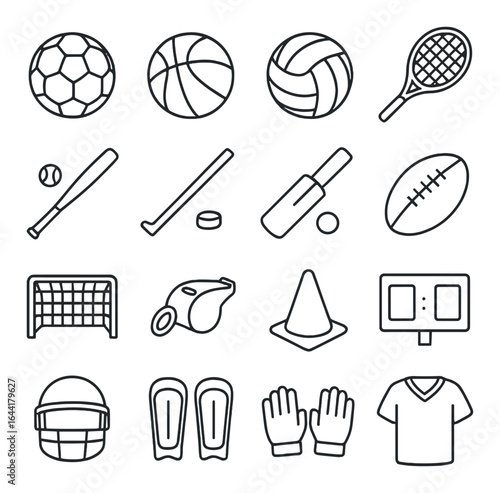 Assorted sports equipment icons with balls, bats, and gear in minimalist design