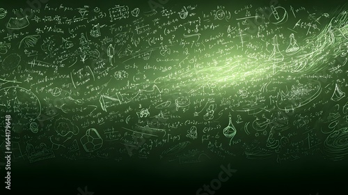 Abstract design of mathematical formulas and sketches on a dark green background.