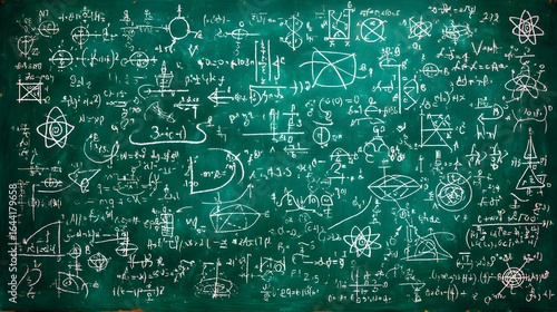 Mathematical formulas and equations densely covering a dark green chalkboard.