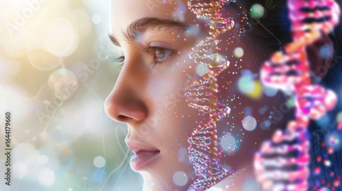 A woman's profile intertwined with a luminous DNA double helix concept
