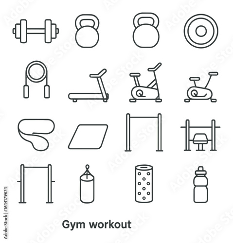 Minimalist gym icon set featuring workout equipment