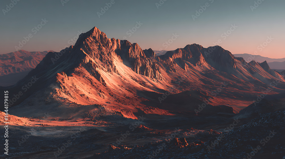 Obraz premium Jagged peaks bathed in warm golden hour light casting dramatic shadows across rugged terrain mountains