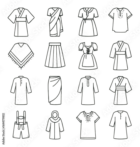 Traditional clothing outlines featuring dresses, skirts, and tunics