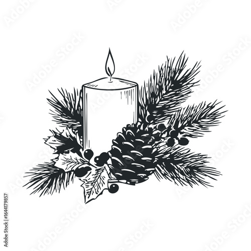 Christmas candle with pinecone and holly leaves illustration