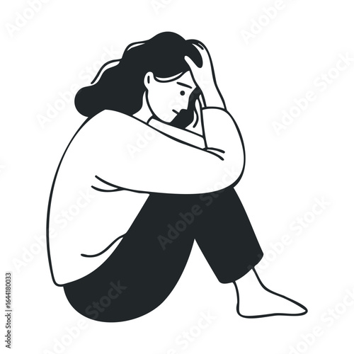 Illustration of a pensive female sitting with hand on head