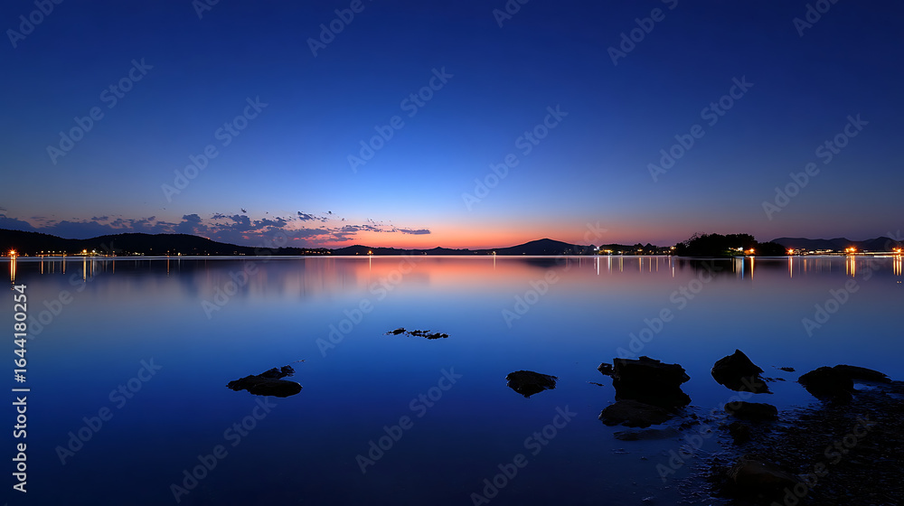 Fototapeta premium Tranquil lake at twilight with distant lights reflecting on calm water and dark rocks in foreground