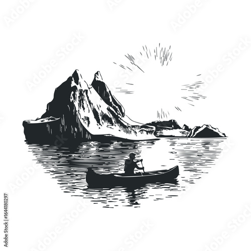 Solitary canoeist paddles near snow-capped mountain under bright sun