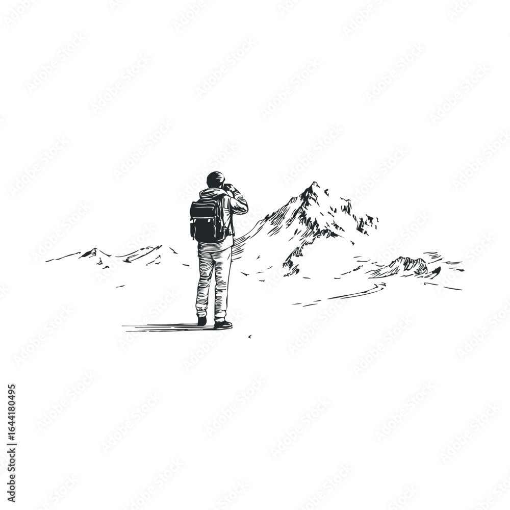 Naklejka premium Male hiker with backpack observing mountain landscape sketch in black and white