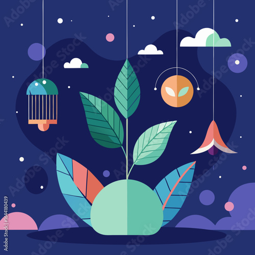 Whimsical hanging plants and celestial elements in a flat design style