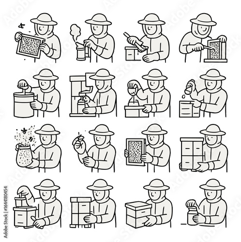 Illustration of beekeeping process with male beekeeper handling equipment and bees