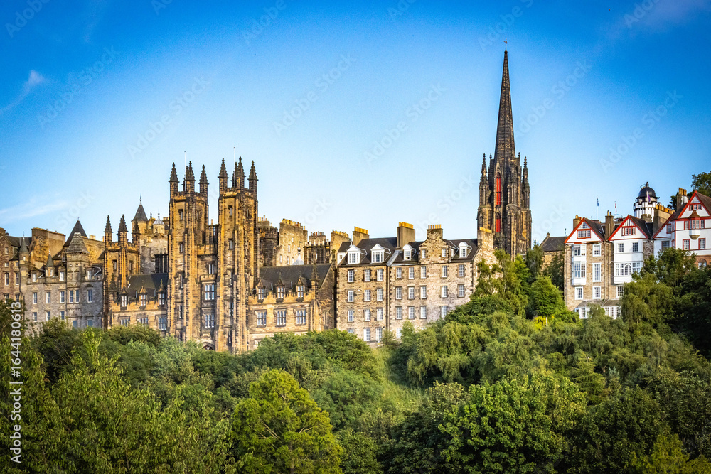 Naklejka premium panoramic view over old town of Edinburgh, Castle Hill, Edinburgh Castle, Scotland, UK
