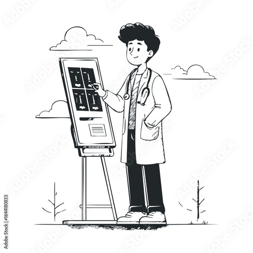 Cartoon male doctor reviewing x-rays on easel outdoors with clouds and trees