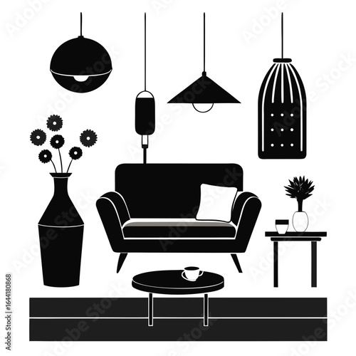 Modern living room furniture and lighting fixtures silhouette isolated on white background
