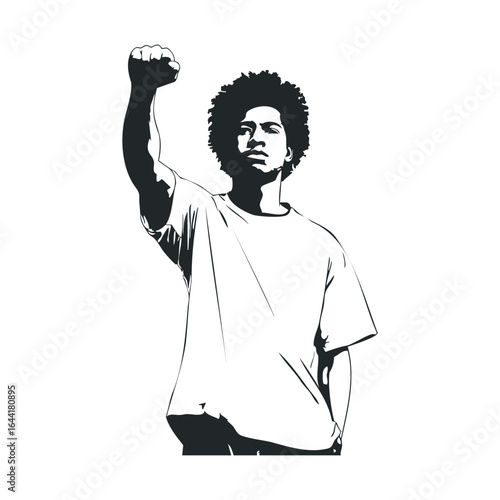 Illustration of young african male with raised fist in black and white