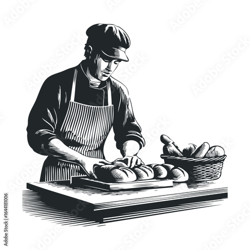 Young caucasian male baker kneading dough with fresh bread in basket