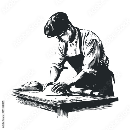 Young caucasian male baker kneading dough skillfully in vintage style illustration