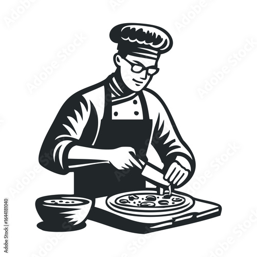 Chef preparing pizza artwork: male, caucasian, young adult, culinary, cooking