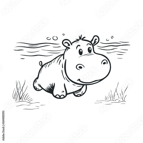 Cute cartoon hippopotamus swimming underwater line art