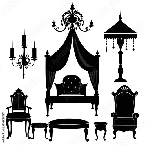 Ornate rococo furniture and chandeliers silhouette isolated on white background