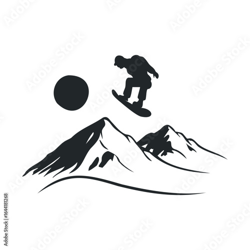 Silhouette of snowboarder jumping over mountains in adventure scene