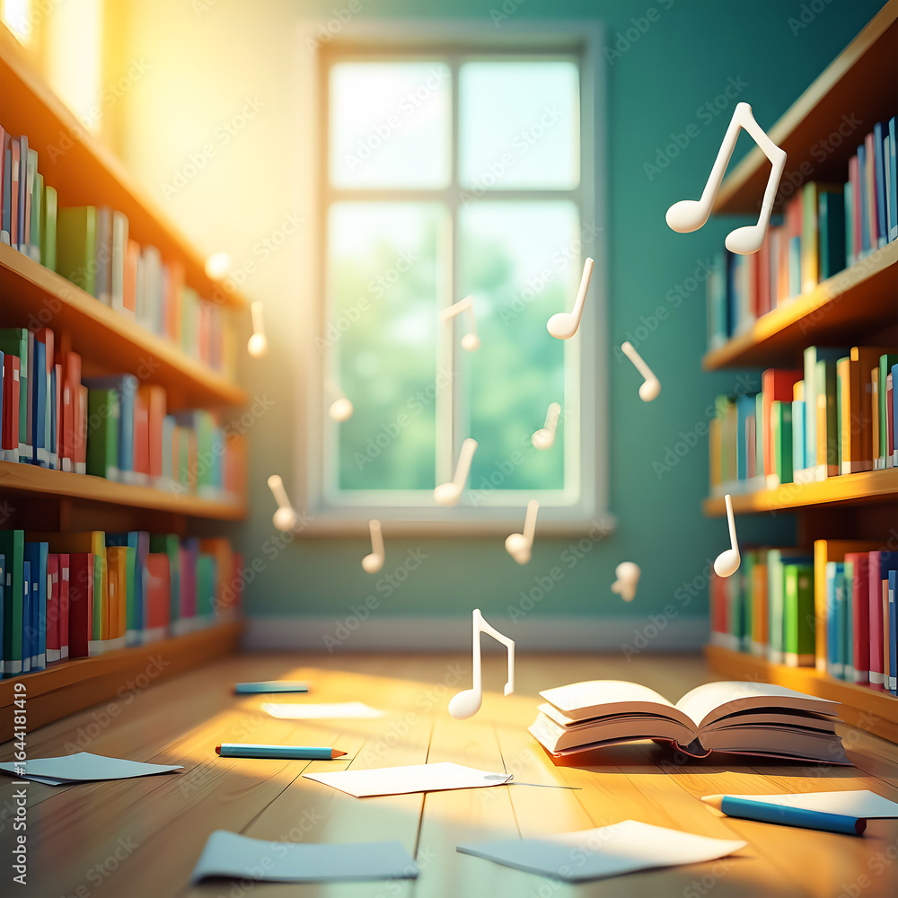Magical book with floating music notes in a sunlit library Magical book with floating music notes in a sunlit library
