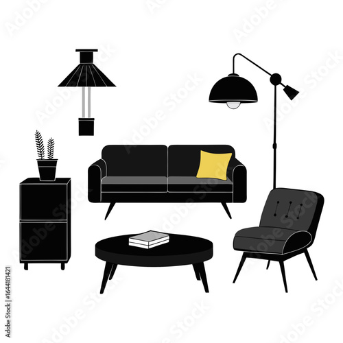 Modern living room furniture arrangement silhouette isolated on white background