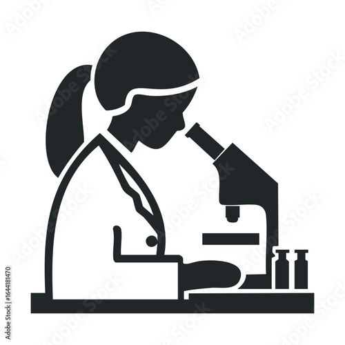 Female scientist icon: caucasian woman examining microscope for research