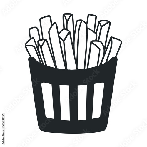 Black and white illustration of french fries in a striped container