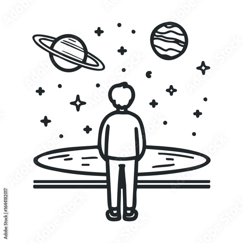 Male adult gazing at stars and planets illustration