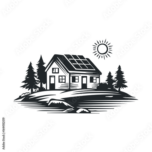 Solar-powered house in nature with evergreen trees and sun illustration