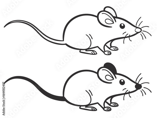 Two cartoon mice illustrations one filled black and one outline on white background mouse rodent