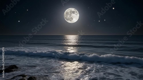 Majestic full moon illuminates calm ocean waves under a star-filled night sky with shimmering moonlight reflection 4K Ai HD video.
