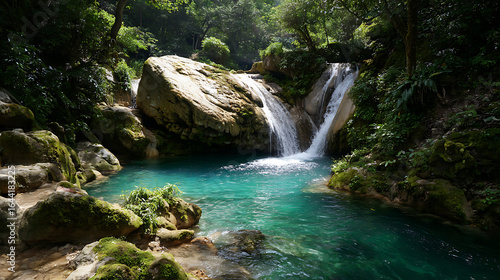 Lush green forest surrounds a cascading waterfall into a clear turquoise pool turquoise water rocks