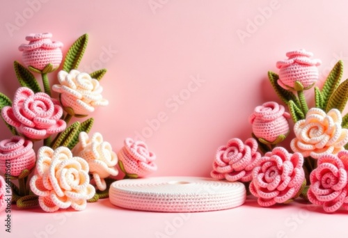 Empty Podium Decorated with Pink Crochet Flowers in Amigurumi Style