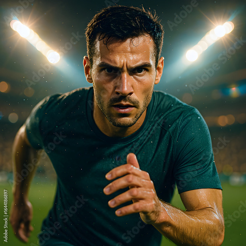 Intense Male Athlete Running During Football Match