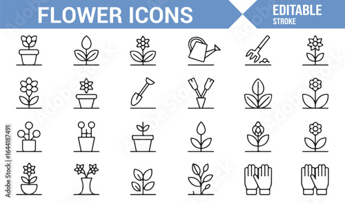 Nature Icons Set with Potted Plants, Gardening Hand Tools, and Flowers