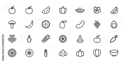 Nutrition & Fresh Foods Minimalist Line Art Icon Bundle – Fruits, Vegetables, Whole Grains, Dairy, Proteins, Beverages, and Organic Food Vector Illustrations for Diet Apps, Menus, and Wellness 