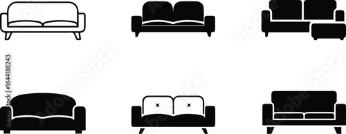  collection of sofa icons isolated on white background, showcasing various styles and designs for comfortable seating in living spaces