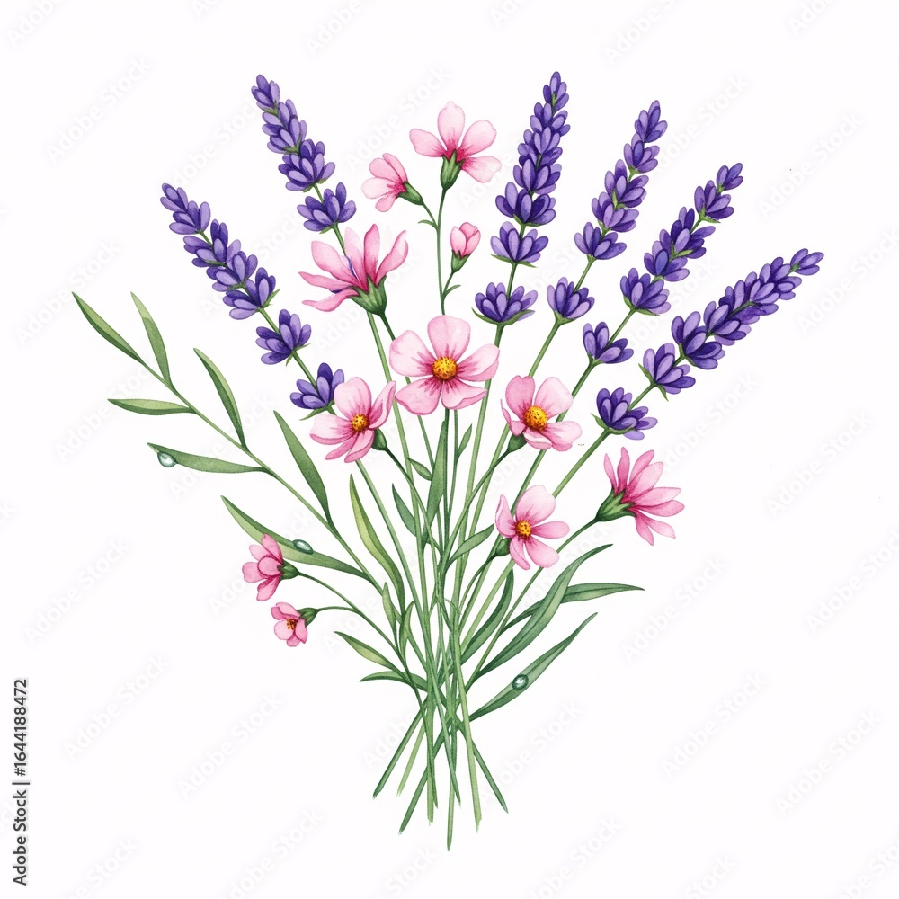 Obraz premium Watercolor Lavender and Pink Cosmos Bouquet, Floral Arrangement Illustration, Beautiful Spring Flowers Isolated on White Background